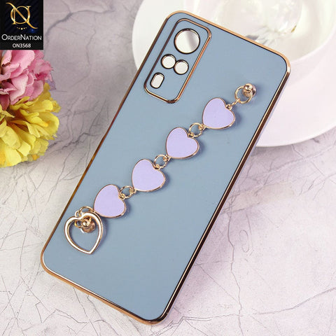 Vivo Y31 Cover - Sierra Blue - Electroplated Edges Soft Silicone Heart Chain Fingers Holder Case with Camera Protection