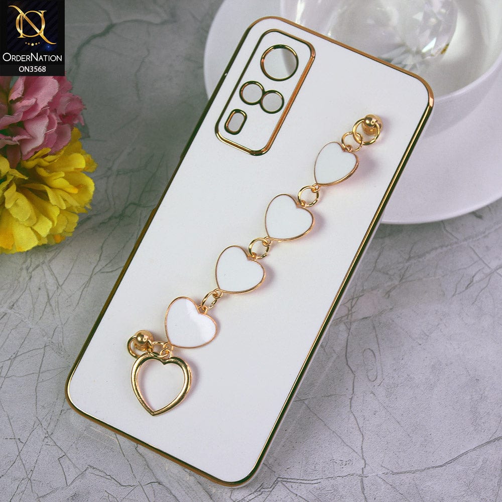 Vivo Y51a Cover - White - Electroplated Edges Soft Silicone Heart Chain Fingers Holder Case with Camera Protection