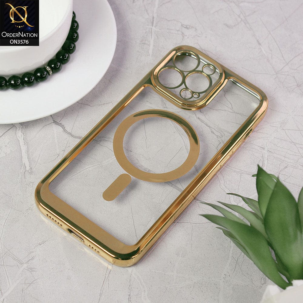 iPhone 12 Pro Max Cover - Golden - Magsafe Electroplated Borders Camera Protection Soft Clear Case - (MagSafe Notification Not Enabled)