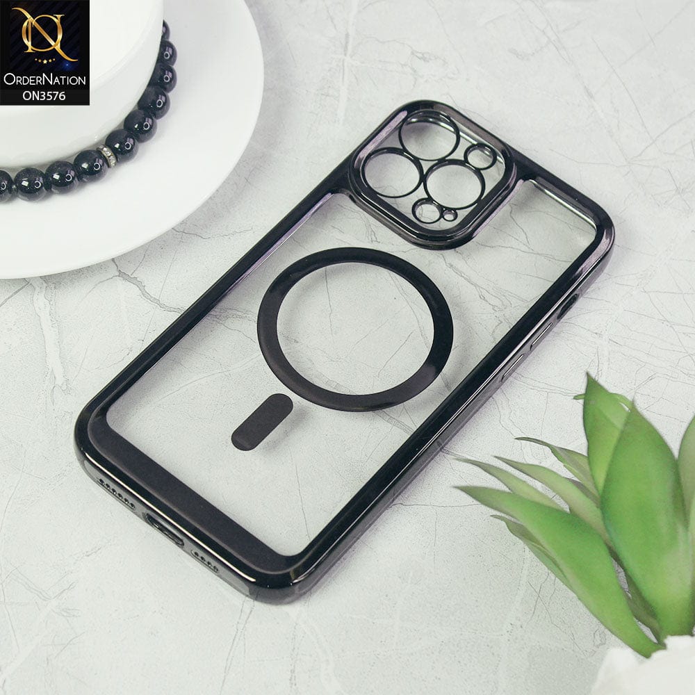 iPhone 14 Pro Max Cover - Black - Magsafe Electroplated Borders Camera Protection Soft Clear Case - (MagSafe Notification Not Enabled)