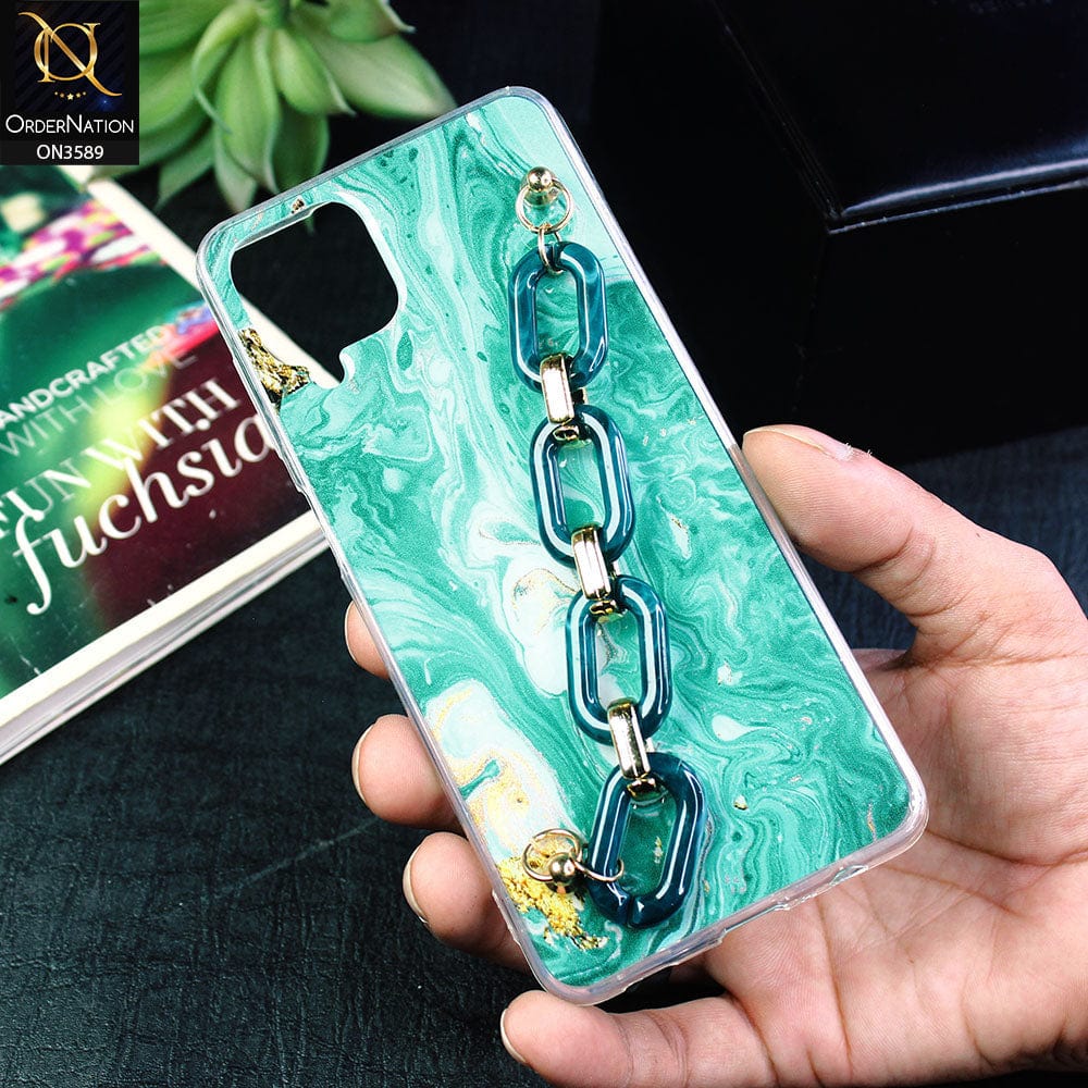 Samsung Galaxy A12 Cover - Green - Trendy Marble Waves Texture Soft Tpu Case with Chain Holder