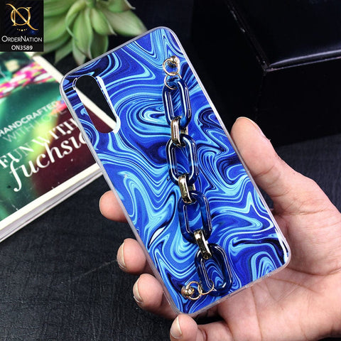 Samsung Galaxy A50 Cover - Blue - Trendy Marble Waves Texture Soft Tpu Case with Chain Holder