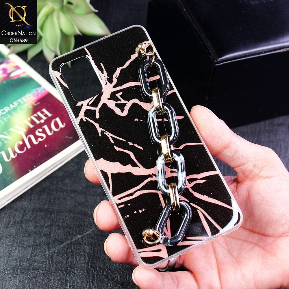 Samsung Galaxy A51 Cover - Black - Trendy Marble Waves Texture Soft Tpu Case with Chain Holder