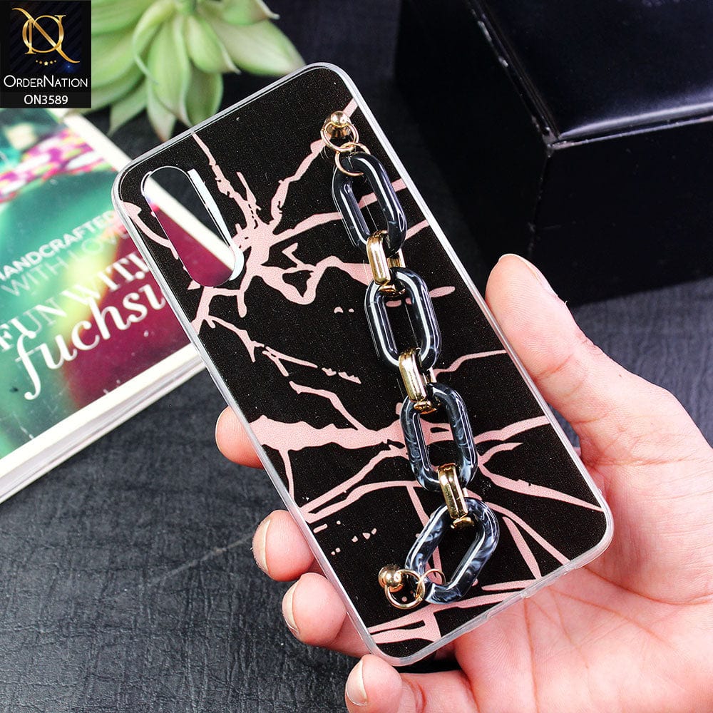 Vivo S1 Cover - Black - Trendy Marble Waves Texture Soft Tpu Case with Chain Holder