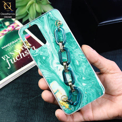 Vivo Y21e Cover - Green - Trendy Marble Waves Texture Soft Tpu Case with Chain Holder
