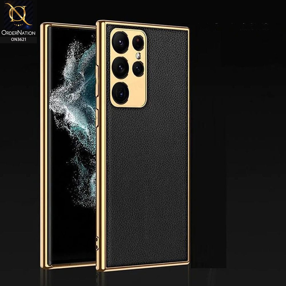 Samsung Galaxy S22 Ultra 5G Cover - Black - Original GKK Gold Electroplated Borders Leather Soft Case
