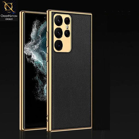 Samsung Galaxy S22 Ultra 5G Cover - Black - Original GKK Gold Electroplated Borders Leather Soft Case