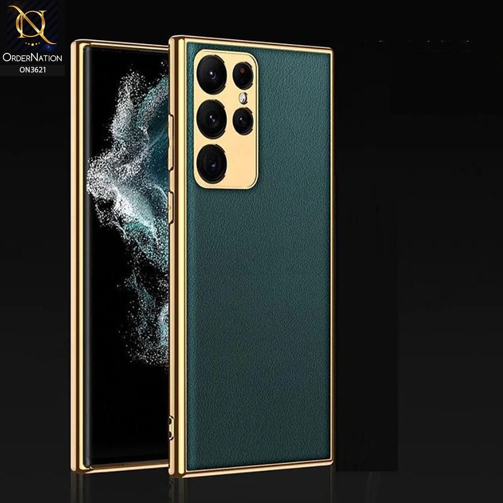 Samsung Galaxy S22 Ultra 5G Cover - Green - Original GKK Gold Electroplated Borders Leather Soft Case