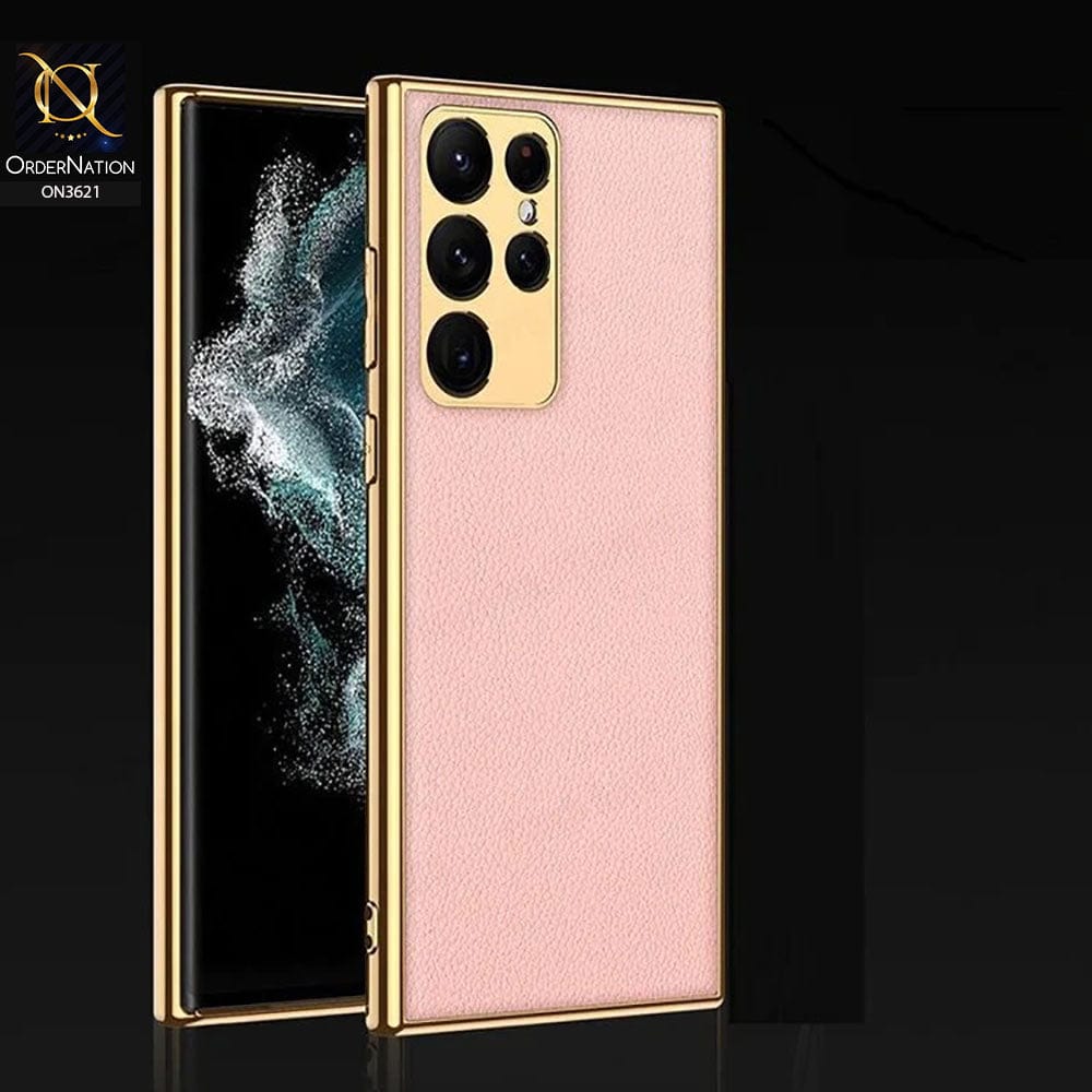 Samsung Galaxy S22 Ultra 5G Cover - Pink - Original GKK Gold Electroplated Borders Leather Soft Case
