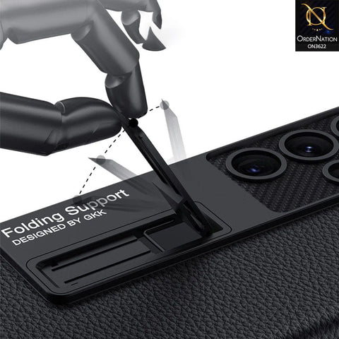 Samsung Galaxy S22 Ultra 5G Cover - Green - GKK Luxury Carbon Fiber Camera Leather Hard Pc Case With Kick Stand Holder