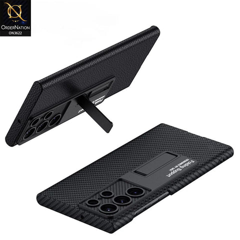 Samsung Galaxy S22 Ultra 5G Cover - Black - GKK Luxury Carbon Fiber Camera Leather Hard Pc Case With Kick Stand Holder