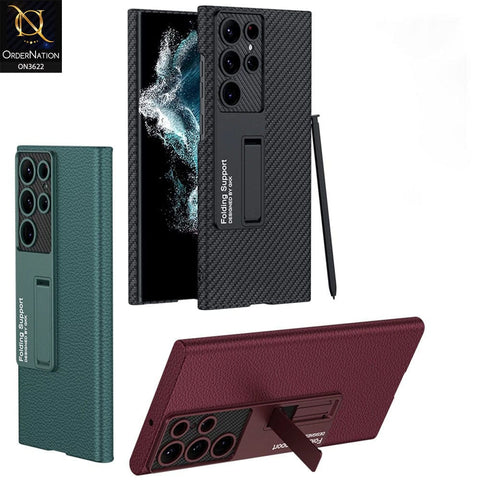 Samsung Galaxy S22 Ultra 5G Cover - Green - GKK Luxury Carbon Fiber Camera Leather Hard Pc Case With Kick Stand Holder