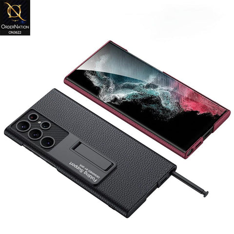 Samsung Galaxy S22 Ultra 5G Cover - Black - GKK Luxury Carbon Fiber Camera Leather Hard Pc Case With Kick Stand Holder