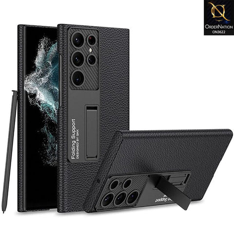 Samsung Galaxy S22 Ultra 5G Cover - Black - GKK Luxury Carbon Fiber Camera Leather Hard Pc Case With Kick Stand Holder
