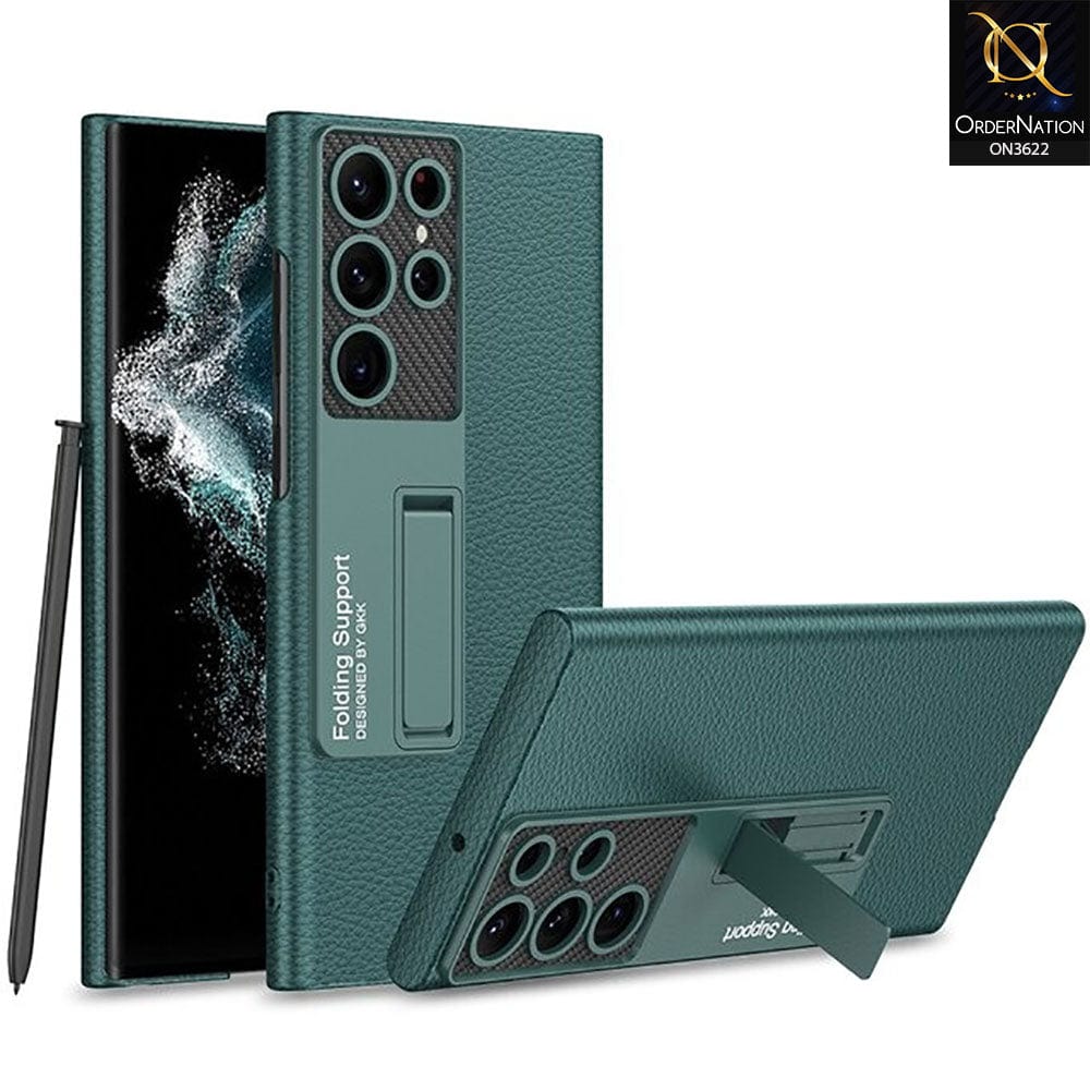 Samsung Galaxy S22 Ultra 5G Cover - Green - GKK Luxury Carbon Fiber Camera Leather Hard Pc Case With Kick Stand Holder