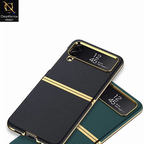 Samsung Galaxy Z Flip 4 5G Cover - Black - Electroplated Plain Leather Curved Hard Case