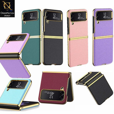 Samsung Galaxy Z Flip 4 5G Cover - Black - Electroplated Plain Leather Curved Hard Case