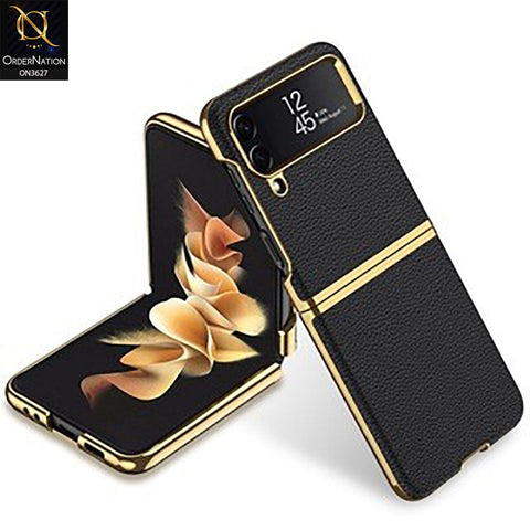 Samsung Galaxy Z Flip 4 5G Cover - Black - Electroplated Plain Leather Curved Hard Case