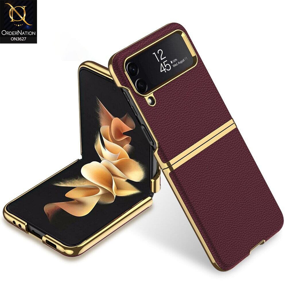 Samsung Galaxy Z Flip 4 5G Cover - Burgundy - Electroplated Plain Leather Curved Hard Case