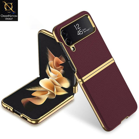 Samsung Galaxy Z Flip 4 5G Cover - Burgundy - Electroplated Plain Leather Curved Hard Case