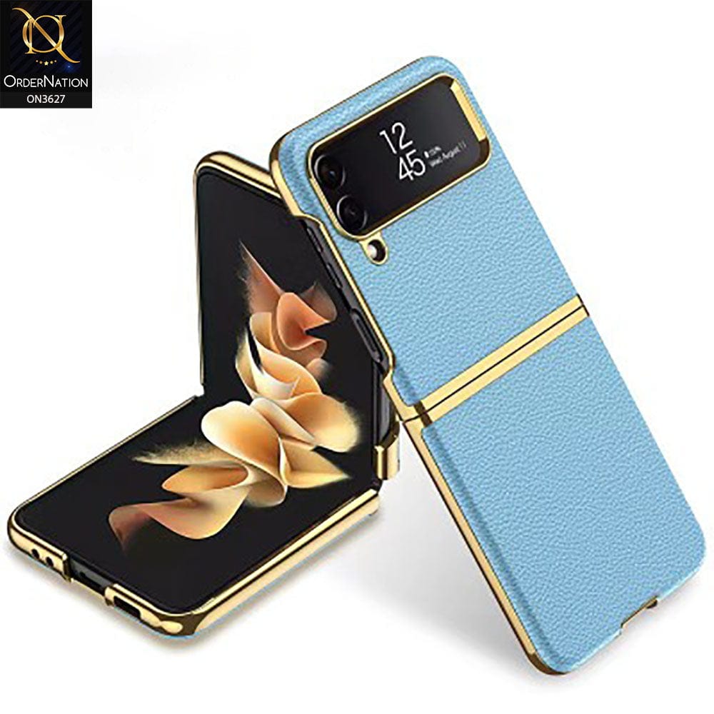 Samsung Galaxy Z Flip 4 5G Cover - Sky Blue - Electroplated Plain Leather Curved Hard Case