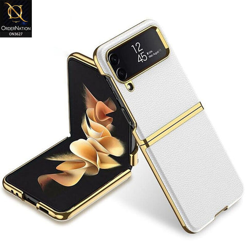 Samsung Galaxy Z Flip 4 5G Cover - White - Electroplated Plain Leather Curved Hard Case