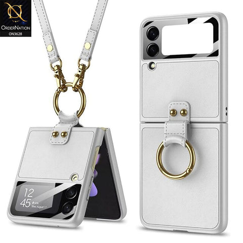 Samsung Galaxy Z Flip 4 5G Cover - White - Ultra Thin Pu Folding Screen Leather Protective Cover With Ring And Strap