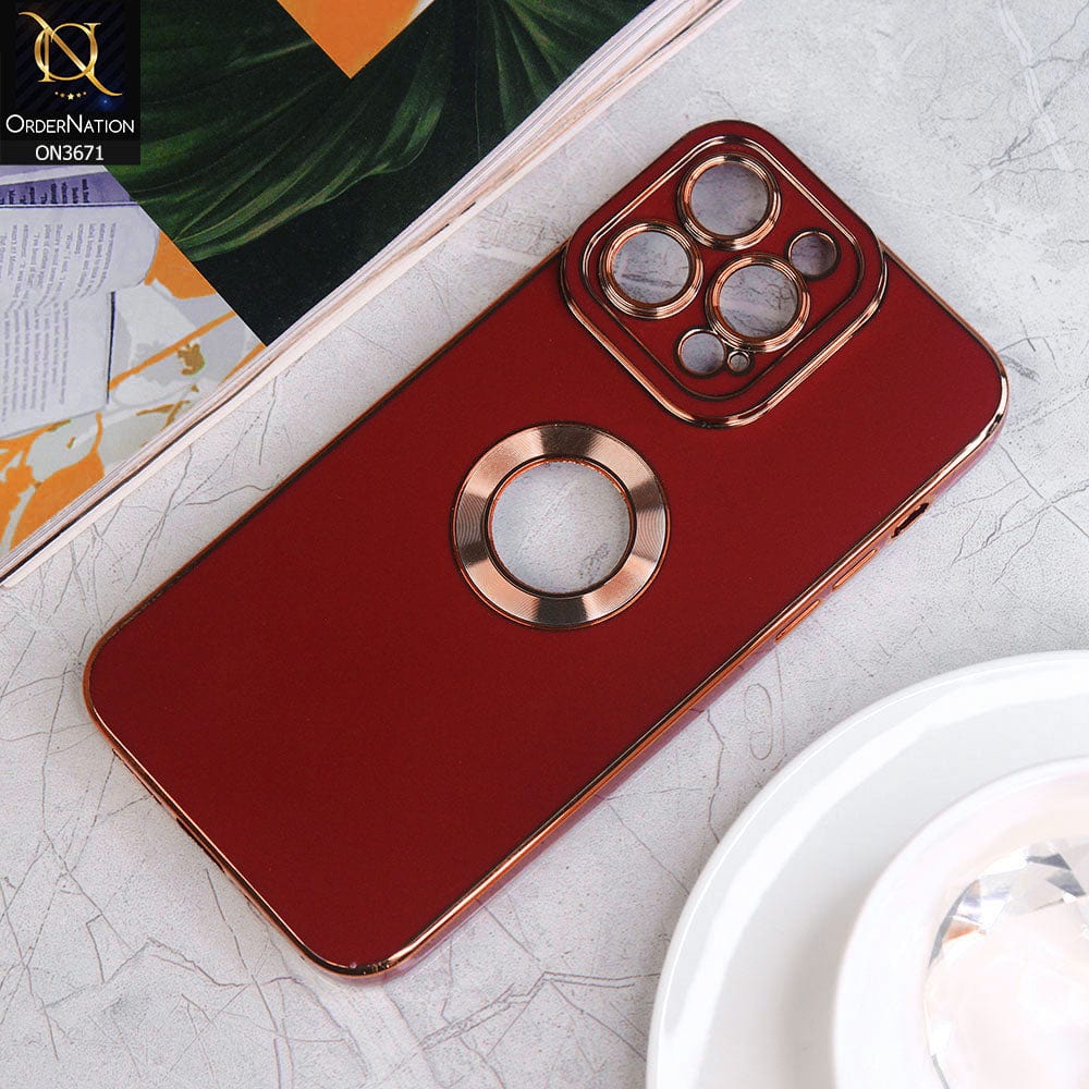 iPhone 14 Pro Max Cover - Maroon - All New Electroplating Borders With Logo Hole Protective Soft Silicon Case