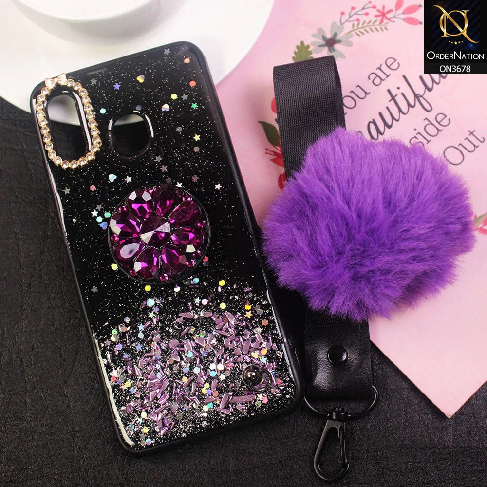 Samsung Galaxy A30  Cover - Purple - Stylish Glitter Sparkle Case With Fluffy Mobile Holders And Grips Hard Borders Case