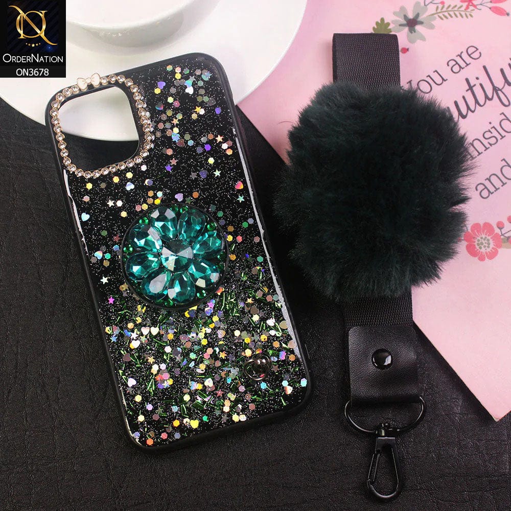 iPhone 11 Pro Cover - Green - Stylish Glitter Sparkle Case With Fluffy Mobile Holders And Grips Hard Borders Case