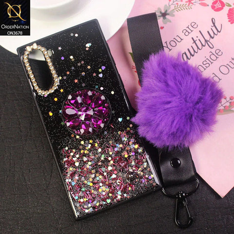 Samsung Galaxy Note 10  Cover - Purple - Stylish Glitter Sparkle Case With Fluffy Mobile Holders And Grips Hard Borders Case