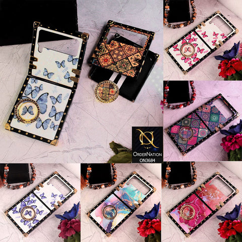 Samsung Galaxy Z Flip 4 5G Cover - Design 7 - Trendy Holographic Design Golden Square Case with Matching Bling Ring Holder