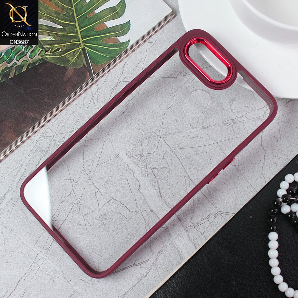 Oppo A7 Cover - Maroon - New Electroplating Camera Ring Colored Soft Silicon Borders Protective Clear Back Case