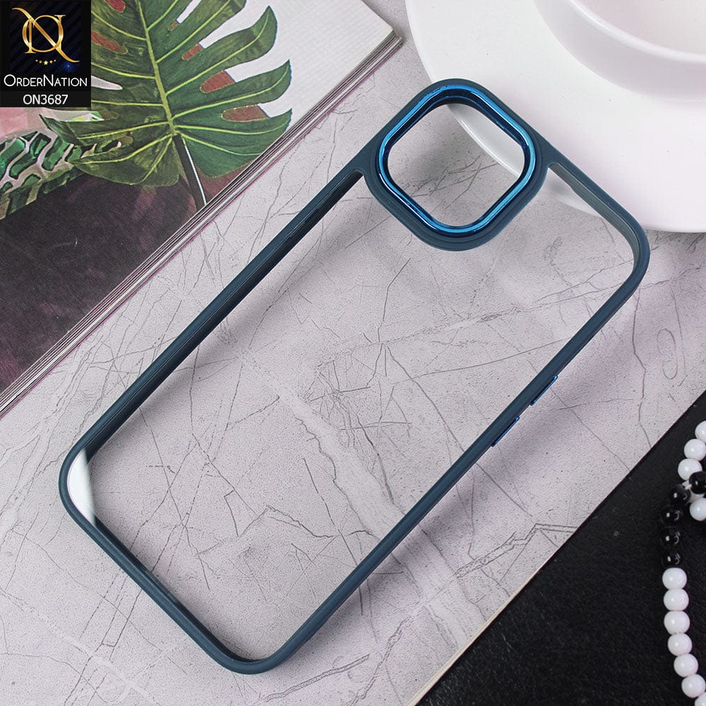 iPhone 14 Cover - Blue - New Electroplating Camera Ring Colored Soft Silicon Borders Protective Clear Back Case