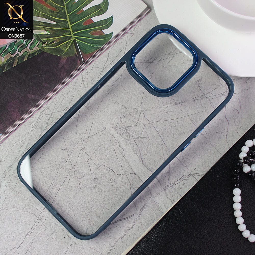 iPhone 14 Pro Max Cover - Blue - New Electroplating Camera Ring Colored Soft Silicon Borders Protective Clear Back Case