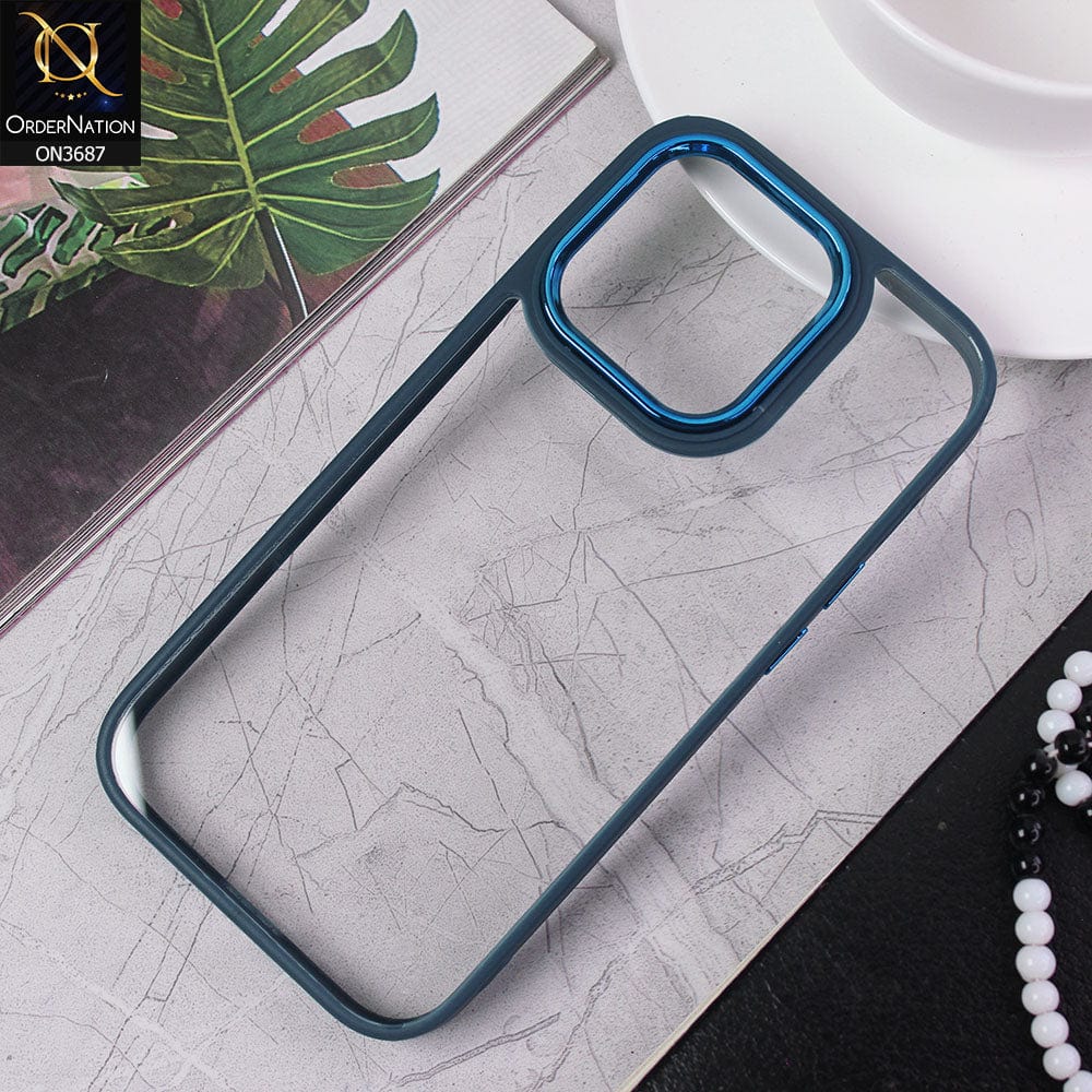 iPhone 14 Pro Cover - Blue - New Electroplating Camera Ring Colored Soft Silicon Borders Protective Clear Back Case