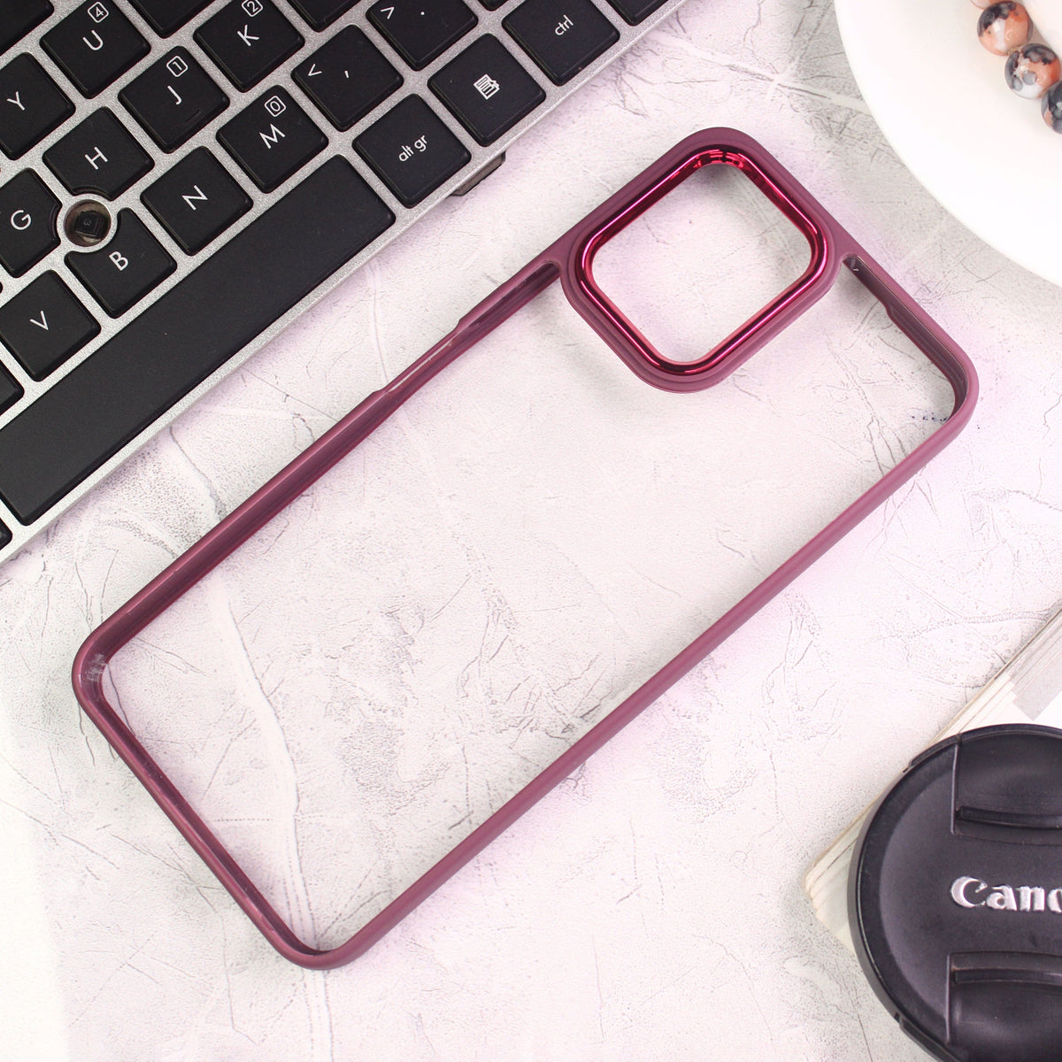 Vivo Y15c Cover - Maroon - New Electroplating Camera Ring Colored Soft Silicon Borders Protective Clear Back Case