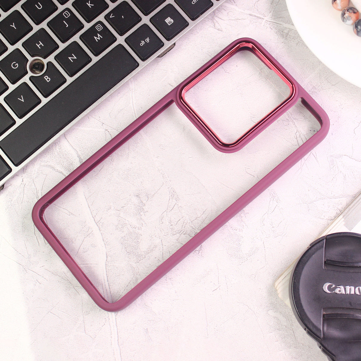 Vivo Y22 Cover - Maroon - New Electroplating Camera Ring Colored Soft Silicon Borders Protective Clear Back Case