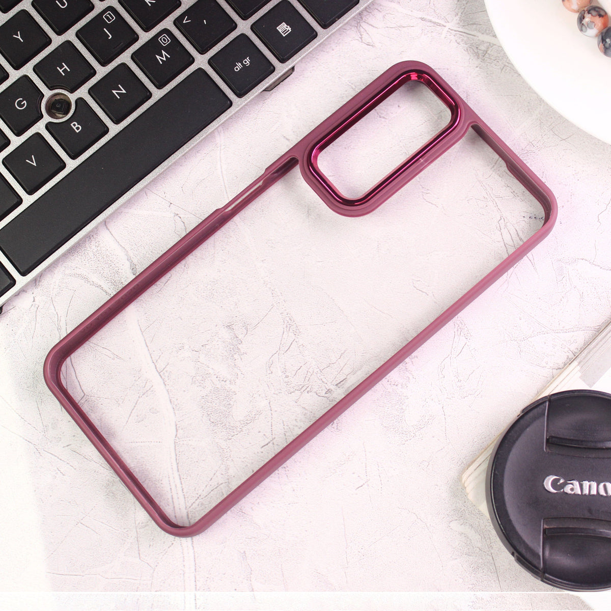Vivo Y51s Cover - Maroon - New Electroplating Camera Ring Colored Soft Silicon Borders Protective Clear Back Case