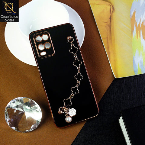 Oppo A16 Cover - Black -  Electroplated Edges Soft Silicone Flower Chain Finger Holder Case