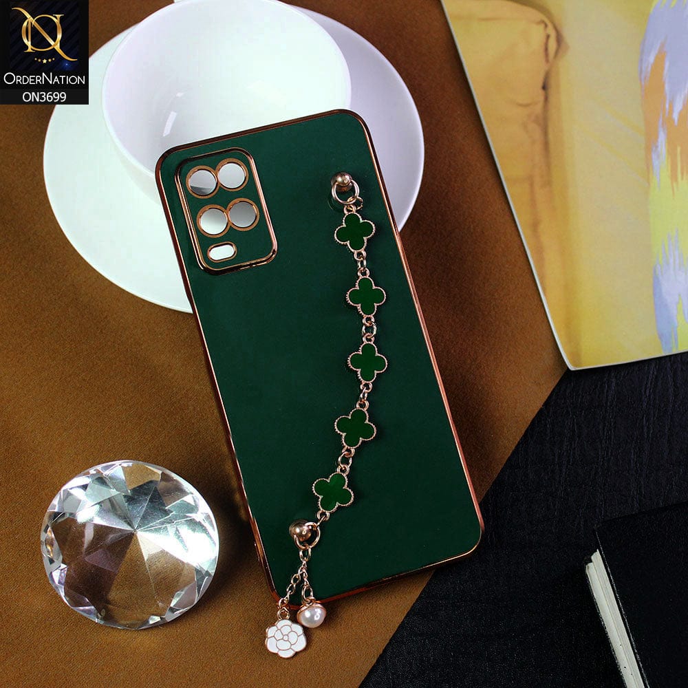 Oppo A54 4G Cover - Green -  Electroplated Edges Soft Silicone Flower Chain Finger Holder Case