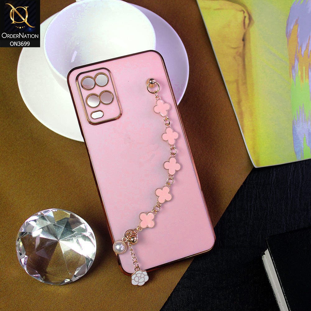 Oppo A54 4G Cover - Pink -  Electroplated Edges Soft Silicone Flower Chain Finger Holder Case
