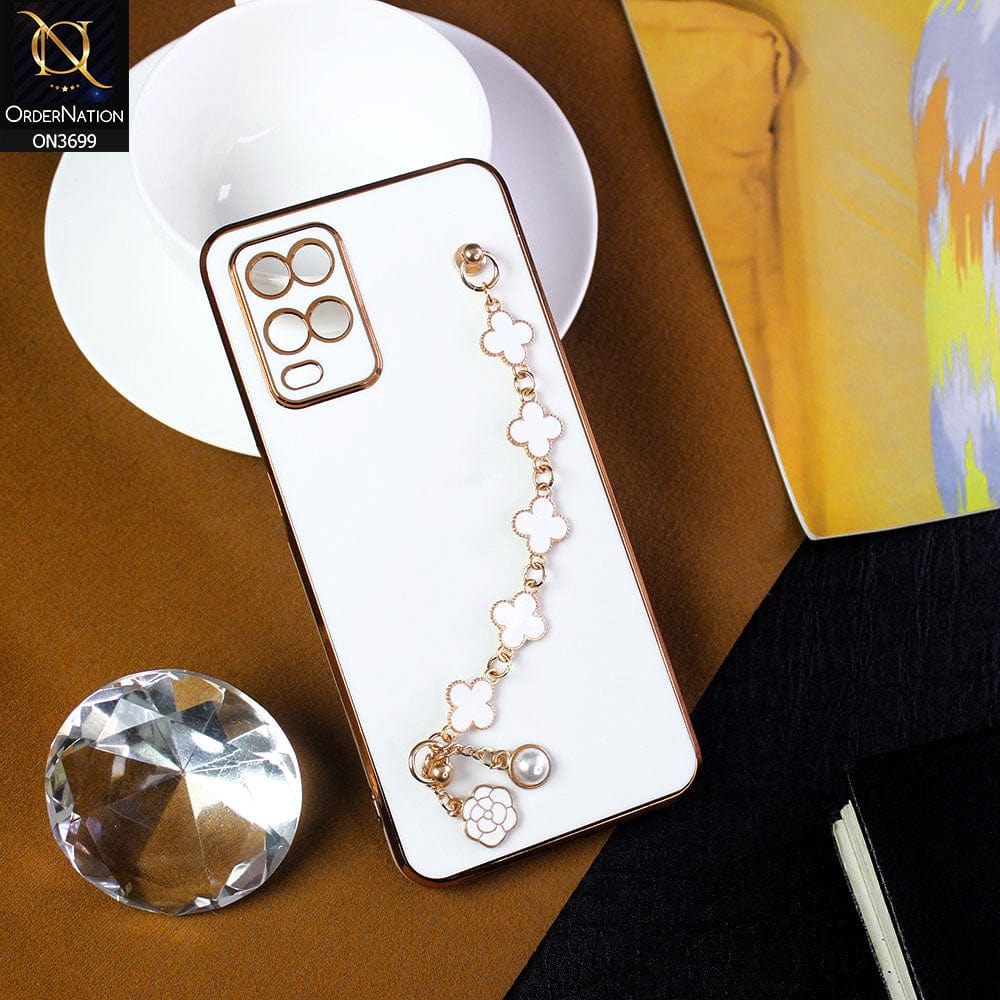 Oppo A54 4G Cover - White -  Electroplated Edges Soft Silicone Flower Chain Finger Holder Case