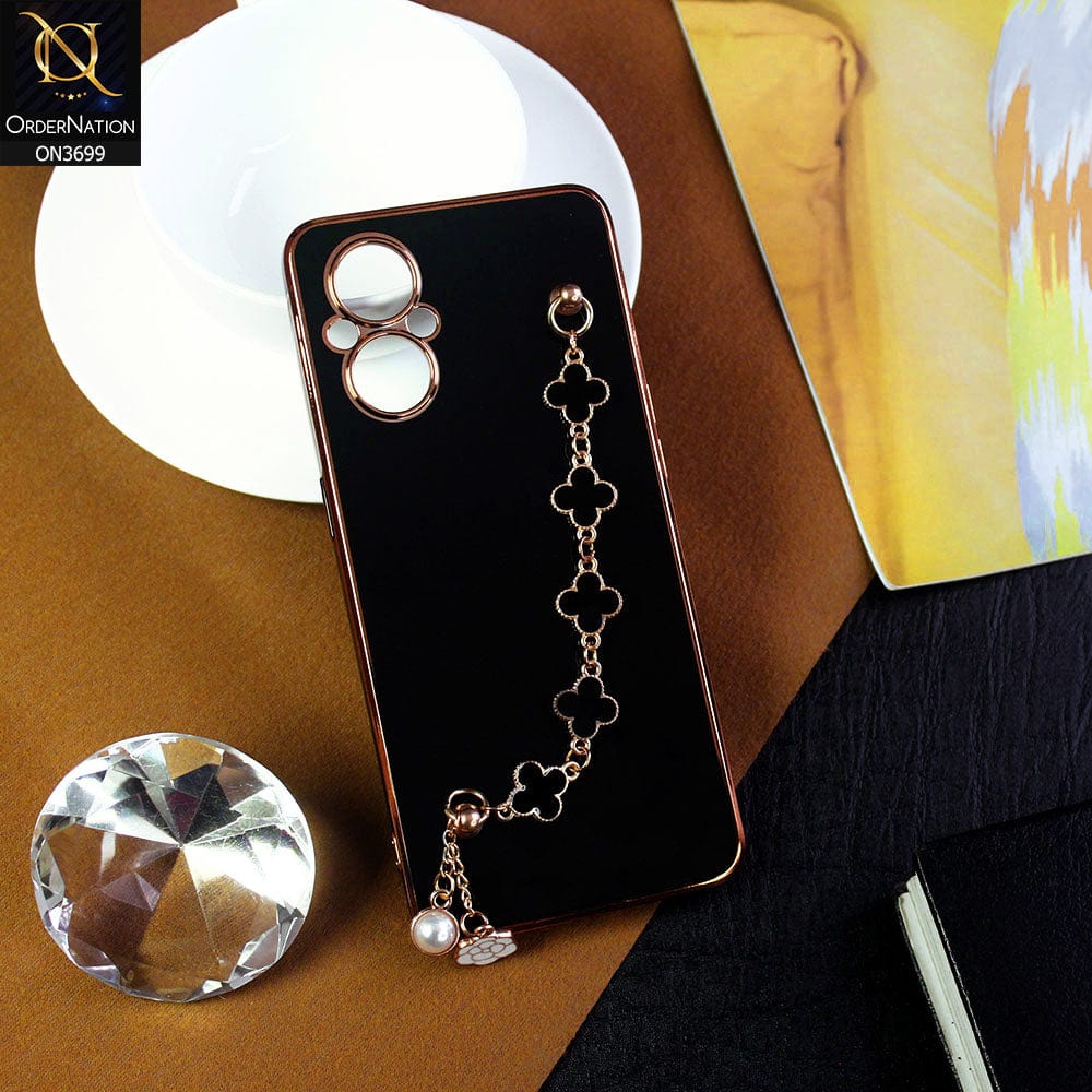 Oppo Reno 7 Lite Cover - Black -  Electroplated Edges Soft Silicone Flower Chain Finger Holder Case