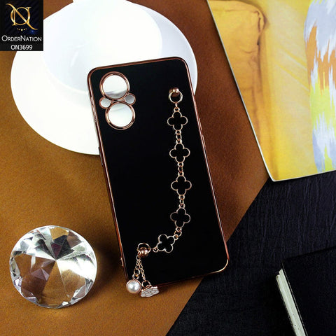 Oppo Reno 7 Lite Cover - Black -  Electroplated Edges Soft Silicone Flower Chain Finger Holder Case