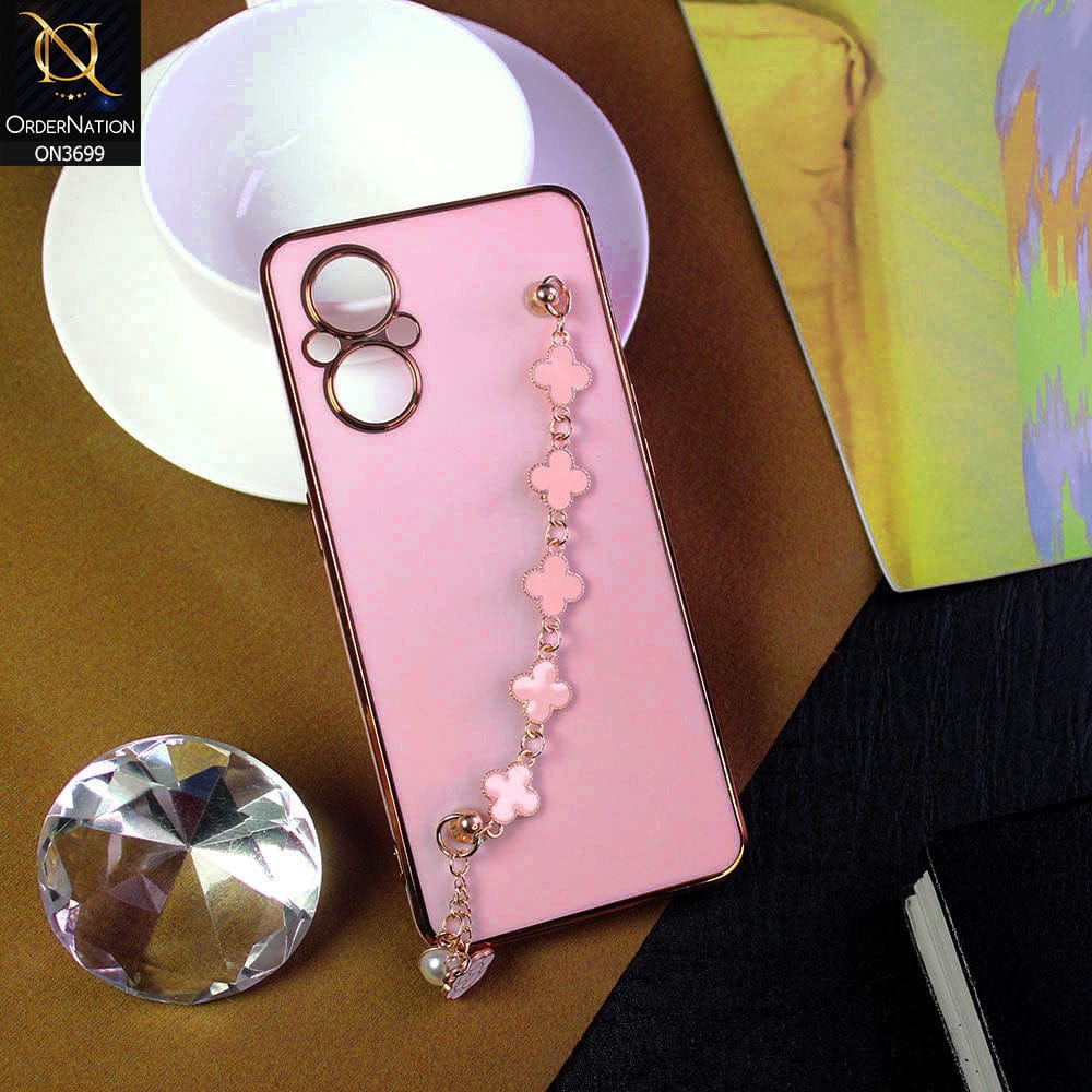 Oppo Reno 7 Lite Cover - Pink -  Electroplated Edges Soft Silicone Flower Chain Finger Holder Case