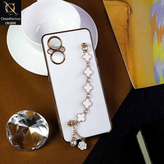 Oppo F21 Pro 5G Cover - White -  Electroplated Edges Soft Silicone Flower Chain Finger Holder Case