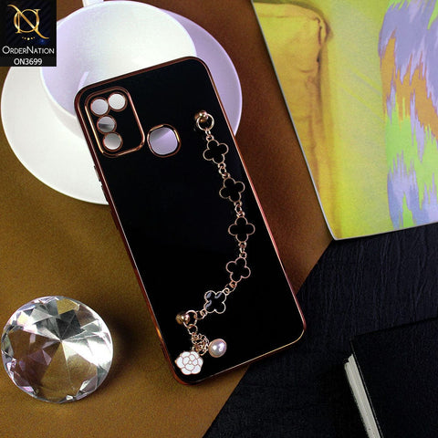 Infinix Hot 10 Play Cover - Black -  Electroplated Edges Soft Silicone Flower Chain Finger Holder Case