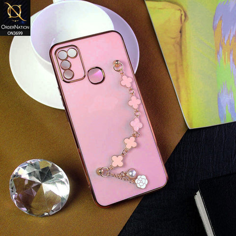 Infinix Hot 11 Play Cover - Pink -  Electroplated Edges Soft Silicone Flower Chain Finger Holder Case