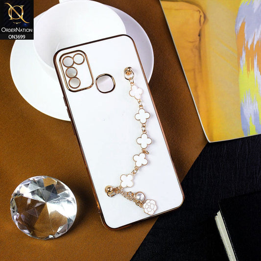 Infinix Hot 10 Play Cover - White -  Electroplated Edges Soft Silicone Flower Chain Finger Holder Case